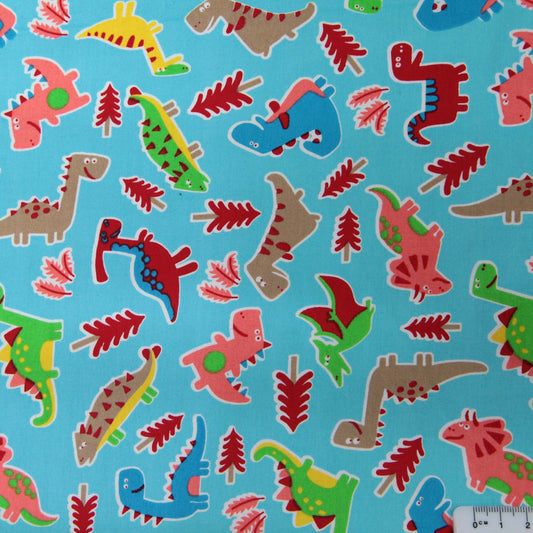 Cotton Fabric - Blue with Dinosaurs