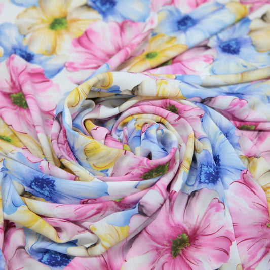 Printed Chiffon - Pink Blue Yellow Flowers
