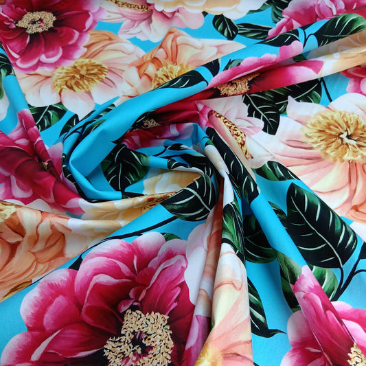 Cotton Sateen - Blue with Large Blossoms